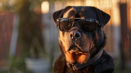 Wall Mural - A confident Rottweiler wearing stylish sunglasses, posed against a warm sunset backdrop with blurred greenery