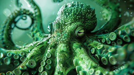 Wall Mural - A vibrant green octopus gracefully navigating through a colorful underwater scene, surrounded by marine life and coral