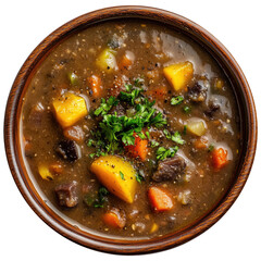 Wall Mural - Brown bowl with a soup with meat and vegetables isolated on transparent background, top view