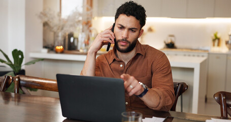 Finance, man and phone call with laptop in home for online consultation, loan invoice query or confused. Doubt, person or speaking to agent for statement update, financial planning or account payment