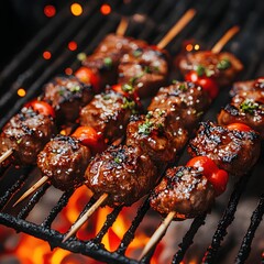 Wall Mural - Grilled Meat Skewers with Tomato on a Hot Charcoal Barbecue Delicious Food Preparation