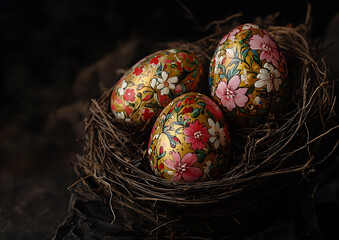 Three intricately painted floral Easter eggs nestled in a rustic bird's nest