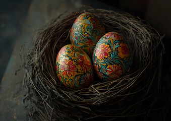 Three intricately painted Easter eggs nestled in a dark bird's nest