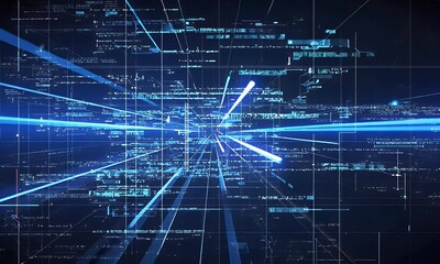 Abstract digital code radiating outward in dark background
