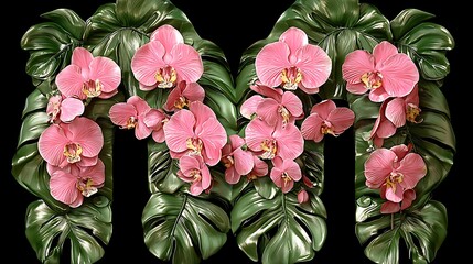 Wall Mural - Pink Orchids blooming on Green Leaves. Dark Background. Decoration or Presentation