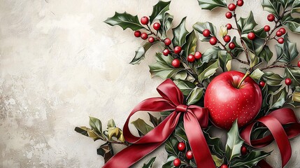 Canvas Print - Festive apple, holly, ribbon; winter holiday greeting