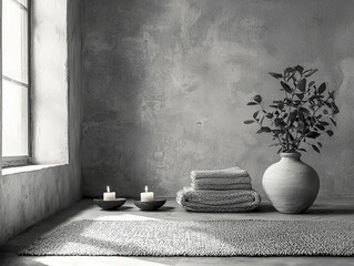 Neatly arranged towels and candles in serene space