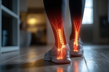 Person's legs with glowing ankle bones, wearing running shoes indoors. Illustrates foot and ankle pain, ideal for medical websites or articles.