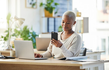 Poster - Business, laptop and black woman in office, smartphone and texting with communication. African person, mobile user and employee with pc, cellphone and digital app for email and message to contact