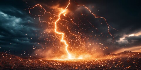 Wall Mural - a massive lightning bolt, with dark clouds in the background and light on top of it. The bottom is covered by brown rocks. 