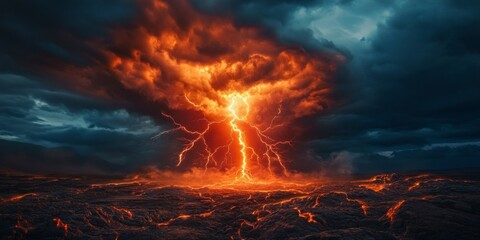 Wall Mural - a massive lightning bolt, with dark clouds in the background and light on top of it. The bottom is covered by brown rocks. 