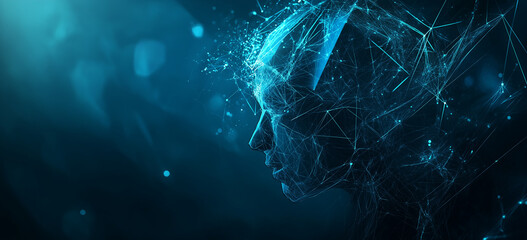 Wall Mural - Abstract blue digital background with a polygonal human head and glowing connections for an artificial intelligence concept, technology, or machine learning design banner template