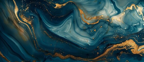 Wall Mural - Luxurious deep blue and gold abstract paint background with flowing liquid fluid texture, perfect for elegant art, contemporary designs, and refined branding concepts.