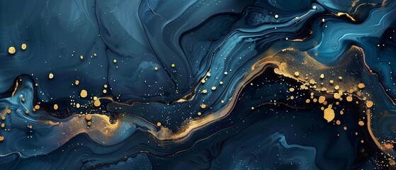 Wall Mural - Luxurious deep blue and gold abstract paint background with flowing liquid fluid texture, perfect for elegant art, contemporary designs, and refined branding concepts.