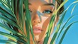 © El Media - beauty woman with her face partially covered by palm leaves, posing for an advertising photo of skincare and beauty products on a blue background. The focus is on the model's flawless skin