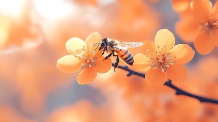 Wall Mural - Small vibrant blossoms glowing in the summer light with a golden bee resting on a delicate petal in a soft artistic macro shot