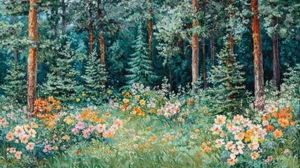 Sticker - Lush Woodland Landscape with Vibrant Wildflowers and Tall Green Trees in a Natural Forest Setting