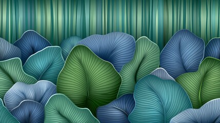 Wall Mural - Vibrant Green and Blue Tropical Leaves with Vertical Background Pattern