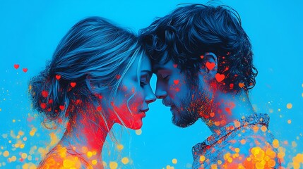 Wall Mural - The couple shares a joyful embrace with a soft out-of-focus background of glowing heart lights dreamy colors and rich detail in ultra-high resolution