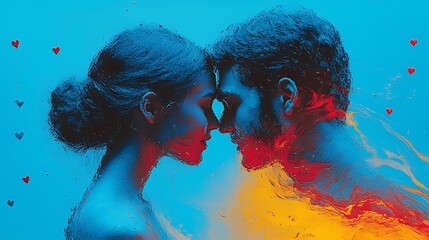 Wall Mural - The couple shares a joyful embrace with a soft out-of-focus background of glowing heart lights dreamy colors and rich detail in ultra-high resolution