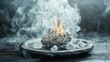 © timurlan999 - White sage bundle burning with crystals and smoke on dark background
