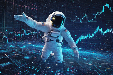 Wall Mural - A holographic Astronaut in the computer world of financial charts made up of many particles. Generative AI.