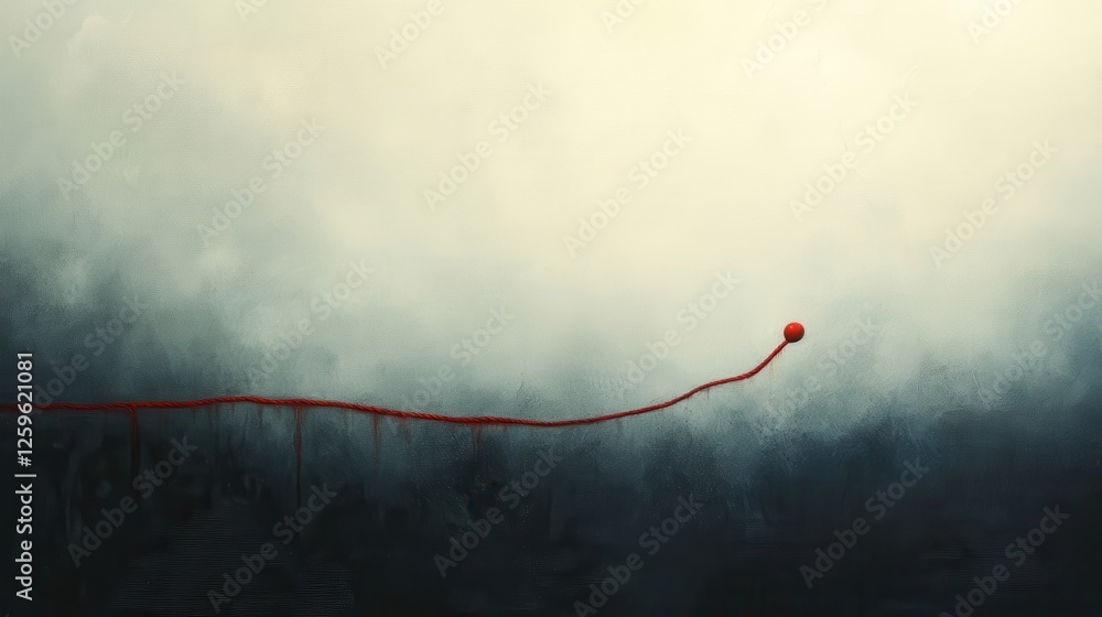 Red thread stretches across misty scene, ending in a small red sphere ...