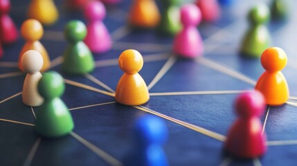 Connected Network of Colorful Pawns Representing Social Connections