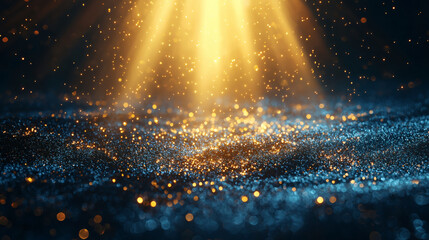 Wall Mural - golden lights shine through magical glitter particles floating in dark blue atmosphere creating ethe