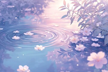 Wall Mural - pastel blue and pink background with water ripples, delicate flowers in the foreground, a dreamy and ethereal style, light white and purple tones, shimmering with blurred edges