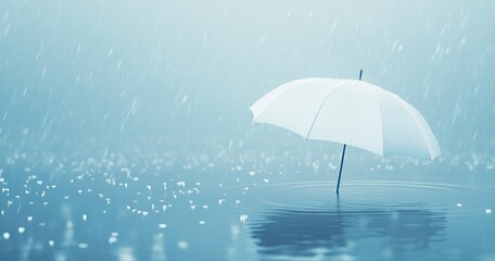 Wall Mural - white umbrella floating in the water, with heavy rain falling on it, against a light blue background.