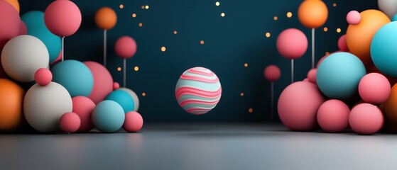 Wall Mural - A 3D rendering of a pink and white striped sphere surrounded by smaller spheres in various colors.