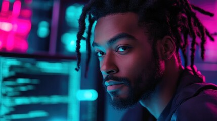 Focused Software Developer working late in a neon lit environment