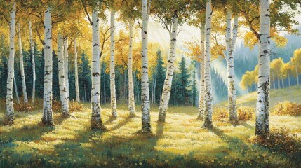 Sticker - Serene Forest Scene with Golden Leaves and Sunlight in a Tranquil Nature Setting