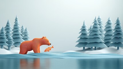 Wall Mural - Bear catching with fish in winter scene.