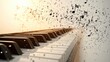 © sina - A close-up view of a piano keyboard with musical notes floating and dispersing in the air