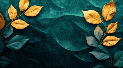 Wall Mural - Elegant gold leaves gracefully adorn deep teal textured backdrop. AI Generated