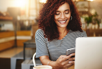 Poster - Woman, laptop and phone with remote work at coffee shop, smile and social network on break in morning. Person, freelance writer and happy with smartphone, typing or notification on mobile app at cafe