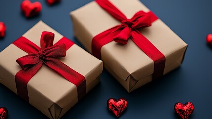 Two beautifully wrapped gifts adorned with red ribbons, surrounded by small red heart decorations, set against a dark blue background.