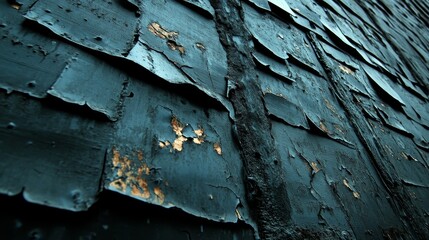 Wall Mural - Close-up view of weathered, peeling paint on a textured surface, showcasing layers and color variations