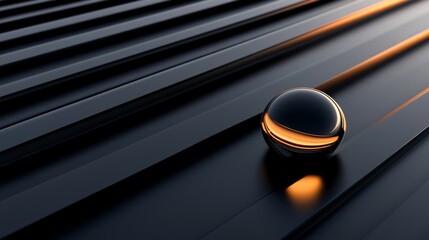 Wall Mural - A glossy black sphere with an orange glow rolling on sleek, dark metallic stripes, creating a futuristic scene