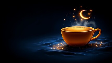 Wall Mural - Golden Coffee Cup Under Night Sky With Crescent Moon
