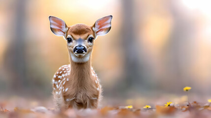 Wall Mural - Fawn in autumn forest, curious gaze, leaves background, nature
