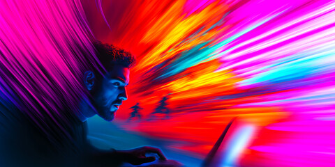 focused programmer in neon cyberpunk glow, immersed in high-speed digital world, motion blur background enhances atmosphere of web design and technology, futuristic creativity in abstract cyberpunk