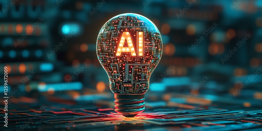 Design a sleek, futuristic AI logo with a glowing lightbulb, digital ...
