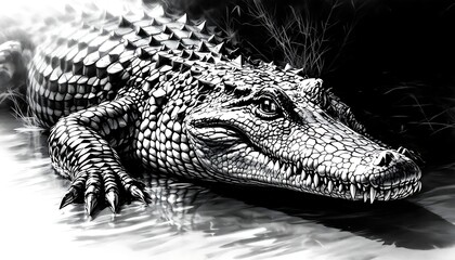 Monochrome Alligator Resting in Water with Intricate Scale Detail Art