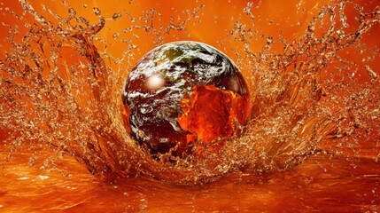 Wall Mural - earth surrounded by vibrant orange liquid splashing with dynamic water motion