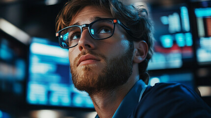 Focused Young Man Programmer Working Late Night on Software Development Project data code blue dark 