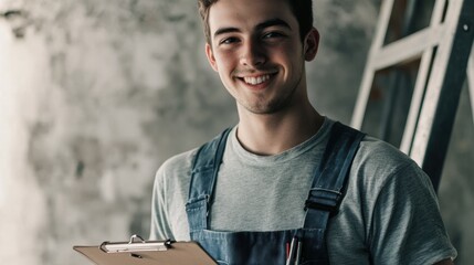 Young male construction worker with clipboard smiling in renovation site, home improvement project, contractor, and professional tradesman at work.