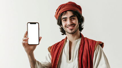 An invitation to a party. A man in an Aladdin costume holds a phone with a white blank screen in his hand. A phone mockup for the presentation of a mobile application. Children's festival